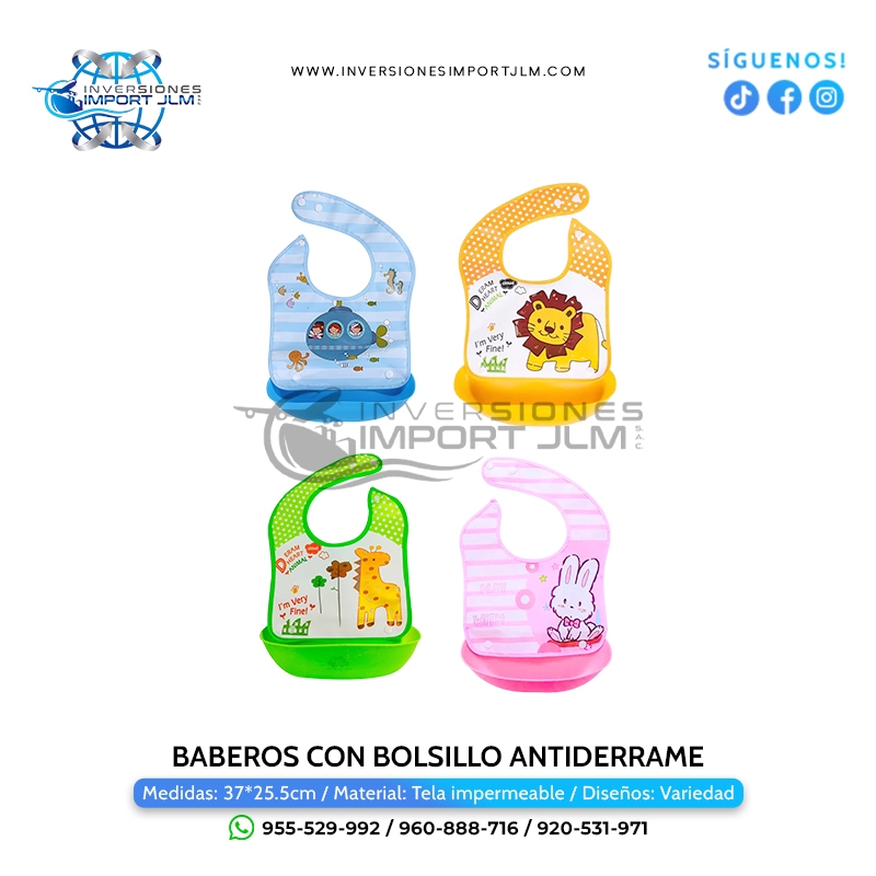 IMPORT JLM S.A.C. - BABEROS CON ESTAMPADOS ANIMADOS PARA BEBÉS CON BOLSILLO ANTIDERRAME