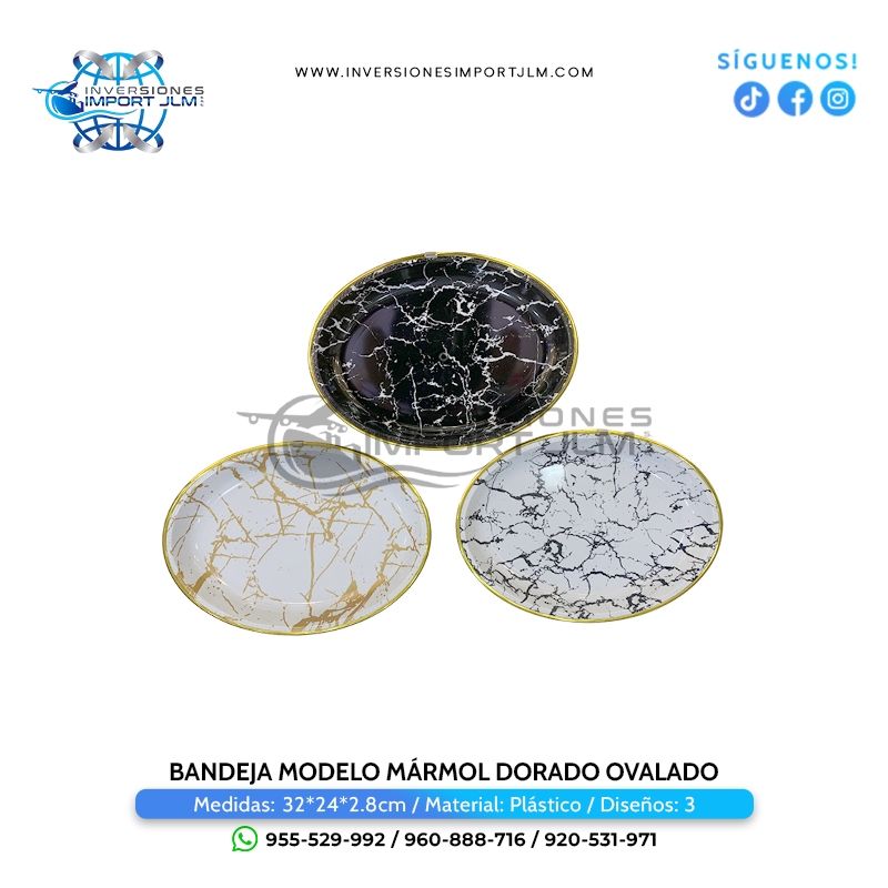 IMPORT JLM S.A.C. - BANDEJA MODELO MÁRMOL DORADO OVALADO 