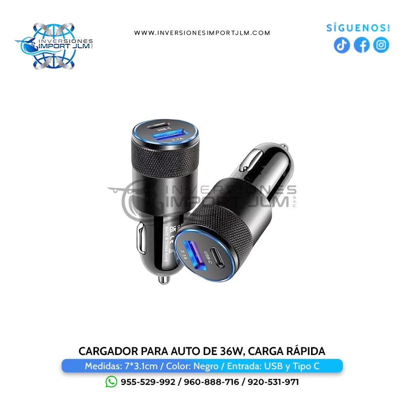 IMPORT JLM S.A.C. - CARGADOR DE CARRO 36W USB Y TIPO C CARGA RAPIDA QC3.0 PD