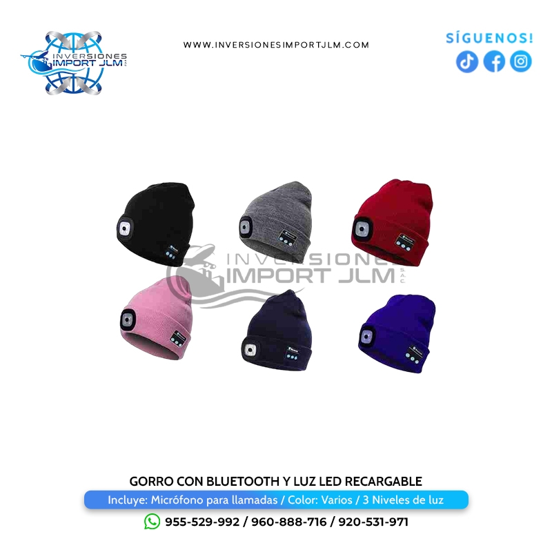 IMPORT JLM S.A.C. - GORRO CON BLUETOOTH Y LUZ LED RECARGABLE