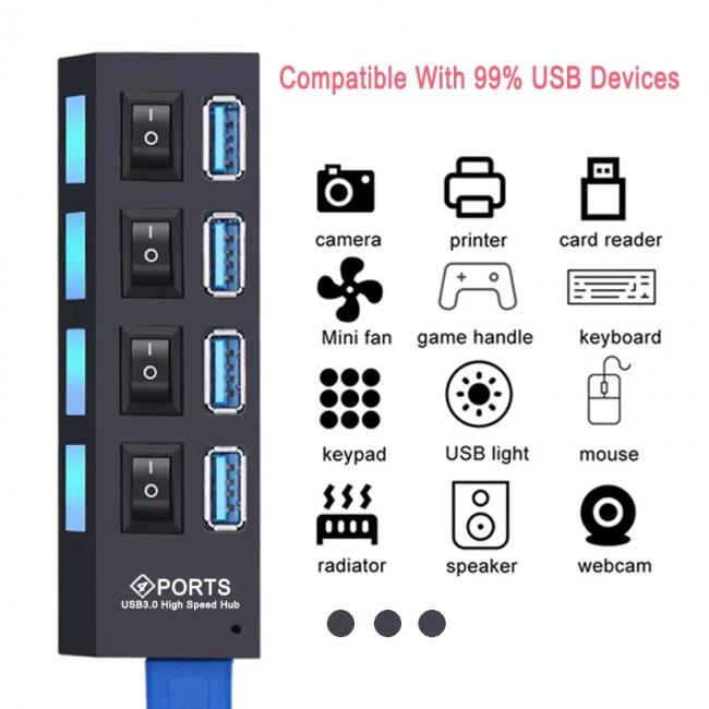 ADAPTADOR DE 4 PUERTOS USB 3.0 CON INTERRUPTORES 