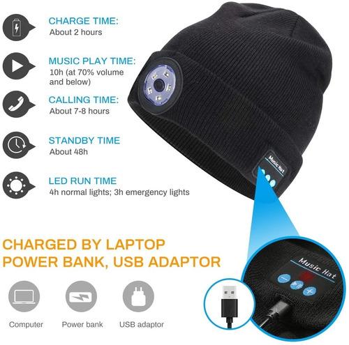 GORRO CON BLUETOOTH Y LUZ LED RECARGABLE