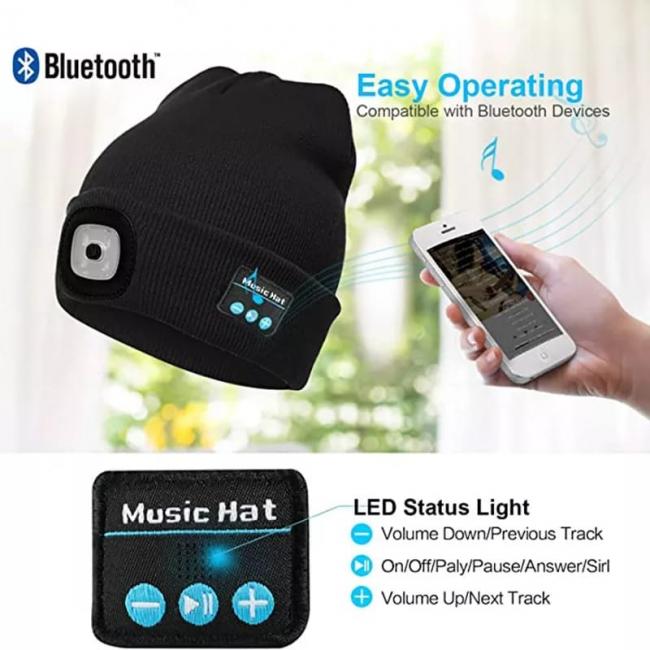 GORRO CON BLUETOOTH Y LUZ LED RECARGABLE
