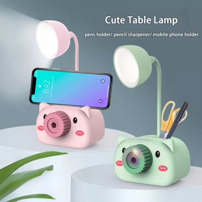 LAMPARA KAWAI LED RECARGABLE CON TAJADOR, PORTALAPICES Y PORTACELULAR 